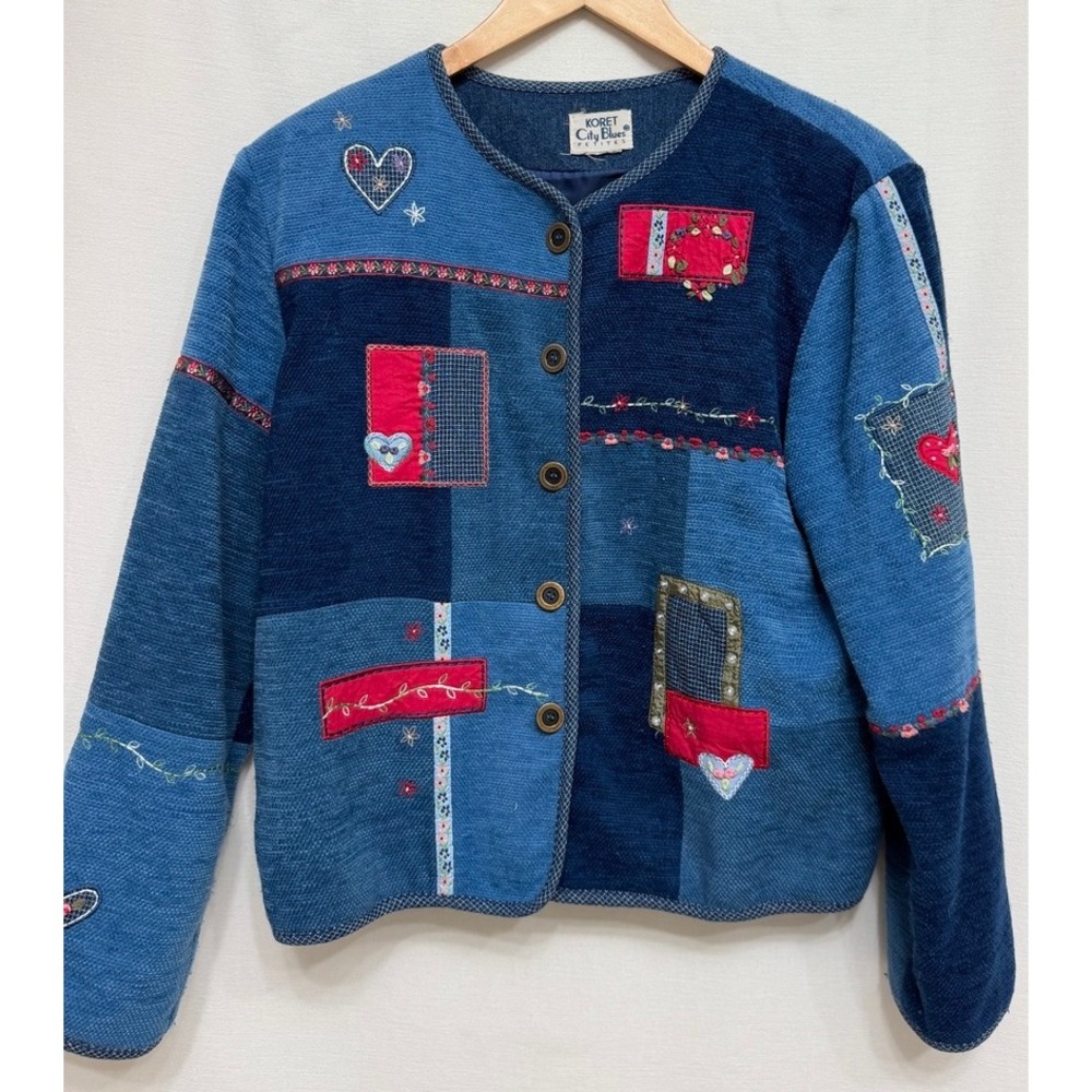 Koret City Blues Petite Patchwork Jacket Blue Embroidered Hearts Cottagecore M/L